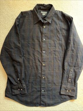 Men's Dark brown and blue Plaid Button-Up Shirt 100% wool